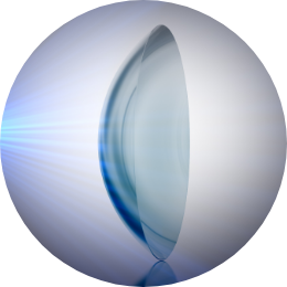 A grey circle icon with a contact lens in the middle that reads HYBRID BACK-CURVE TECHNOLOGY